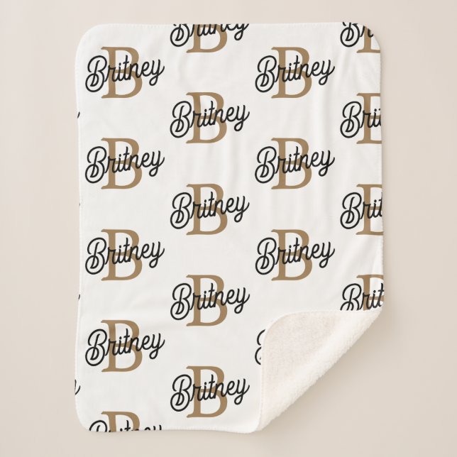Modern Elegant Monogram Name  Black Gold Script  Sherpa Blanket (Front)