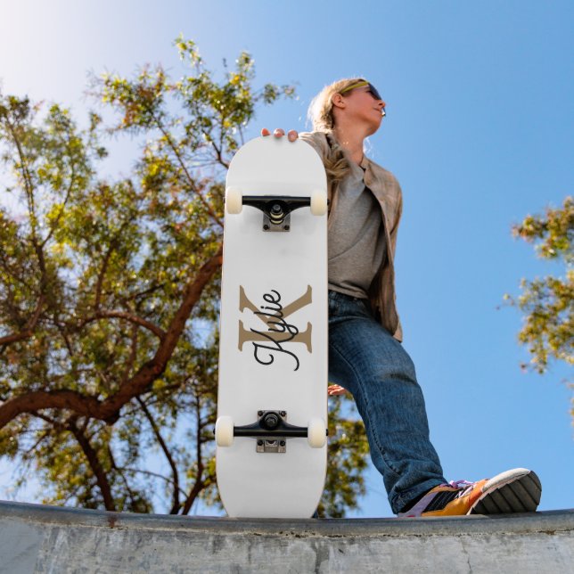 Modern Elegant Monogram Name  Black Gold Script  Skateboard (Outdoor 1)