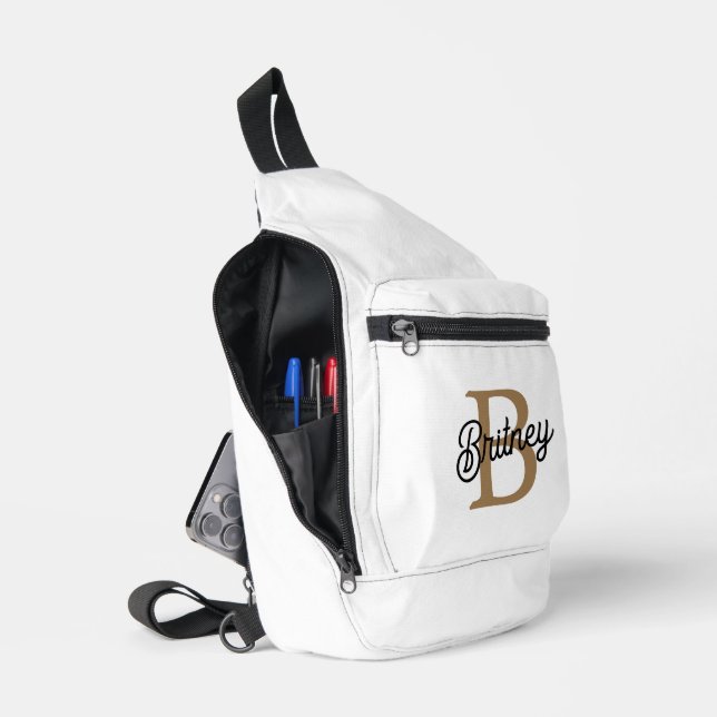 Modern Elegant Monogram Name  Black Gold Script  Sling Bag (Open)