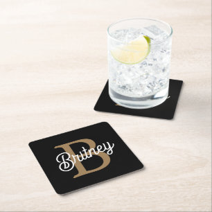 Modern Elegant Monogram Name Black Gold Script Square Paper Coaster