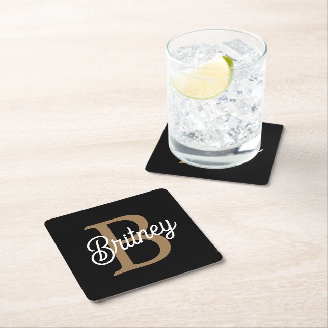 Modern Elegant Monogram Name  Black Gold Script  Square Paper Coaster (Insitu)
