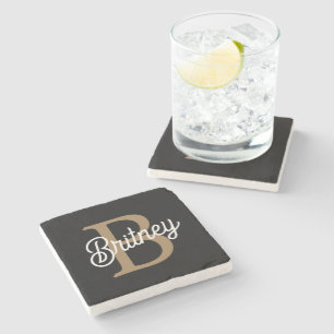 Modern Elegant Monogram Name Black Gold Script Stone Coaster