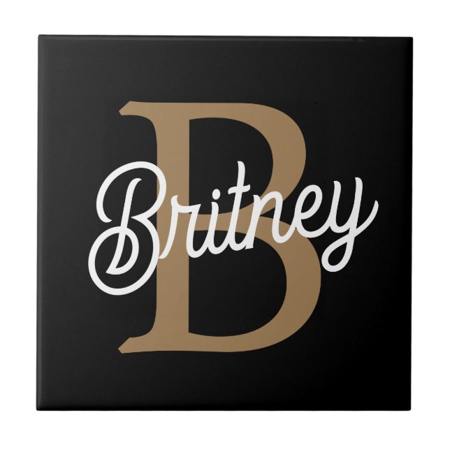 Modern Elegant Monogram Name  Black Gold Script  Tile (Front)