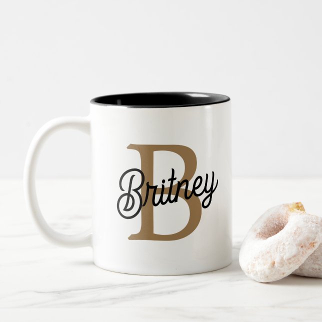 Modern Elegant Monogram Name  Black Gold Script  Two-Tone Coffee Mug (With Donut)