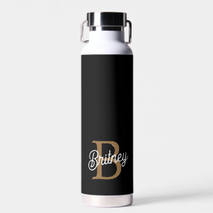 Modern Elegant Monogram Name  Black Gold Script  Water Bottle