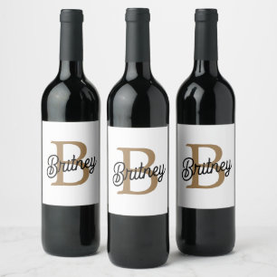Modern Elegant Monogram Name  Black Gold Script  Wine Label