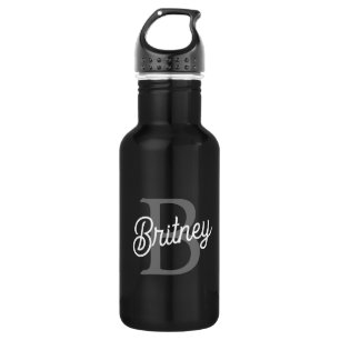 Modern Elegant Monogram Name  Black Grey Script  532 Ml Water Bottle