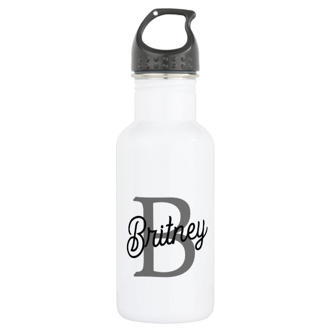 Modern Elegant Monogram Name  Black Grey Script  532 Ml Water Bottle (Front)