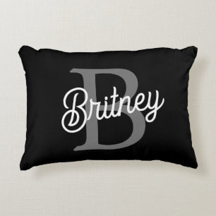 Modern Elegant Monogram Name Black Grey Script Accent Pillow