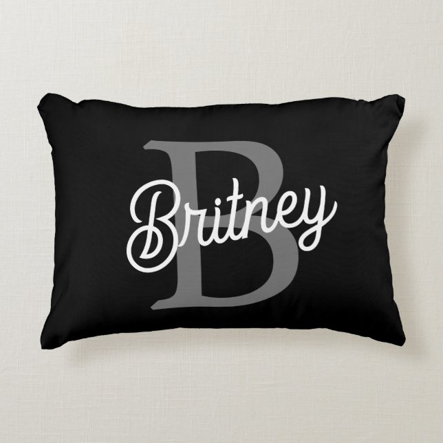 Modern Elegant Monogram Name  Black Grey Script  Accent Pillow (Front)