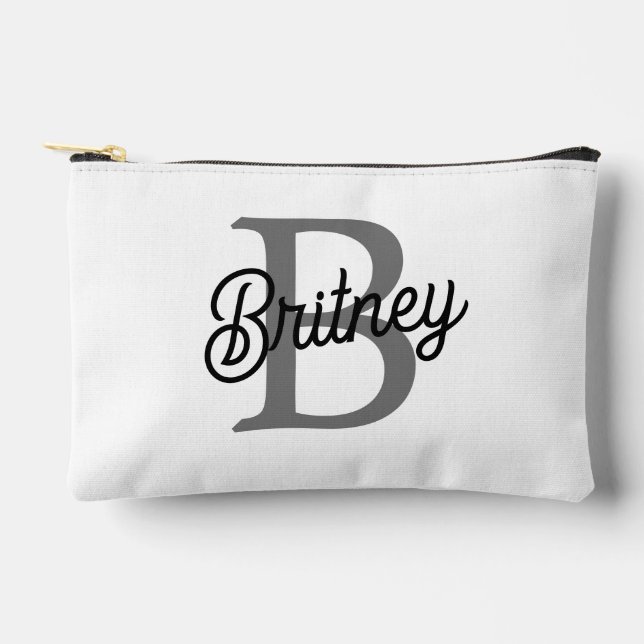 Modern Elegant Monogram Name  Black Grey Script  Accessory Pouch (Front)