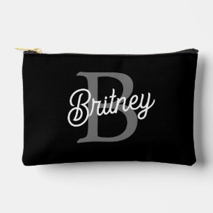 Modern Elegant Monogram Name  Black Grey Script  Accessory Pouch