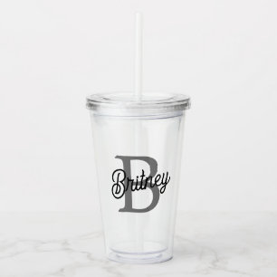 Modern Elegant Monogram Name  Black Grey Script  Acrylic Tumbler