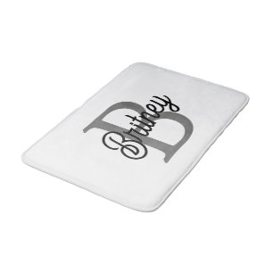 Modern Elegant Monogram Name  Black Grey Script  Bath Mat