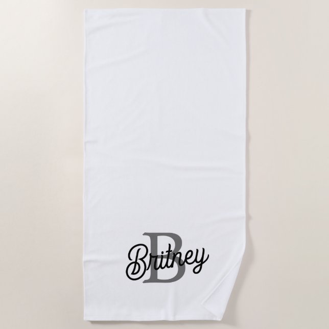 Modern Elegant Monogram Name  Black Grey Script  Beach Towel (Front)