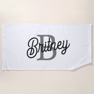 Modern Elegant Monogram Name Black Grey Script Beach Towel