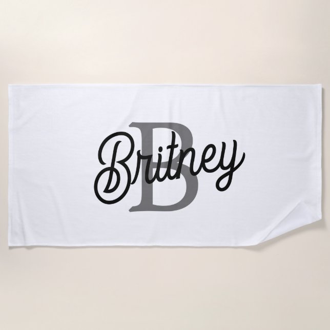 Modern Elegant Monogram Name  Black Grey Script  Beach Towel (Front)