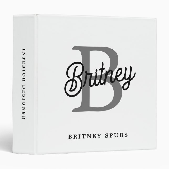 Modern Elegant Monogram Name  Black Grey Script  Binder (Front/Spine)