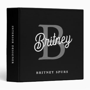 Modern Elegant Monogram Name Black Grey Script Binder