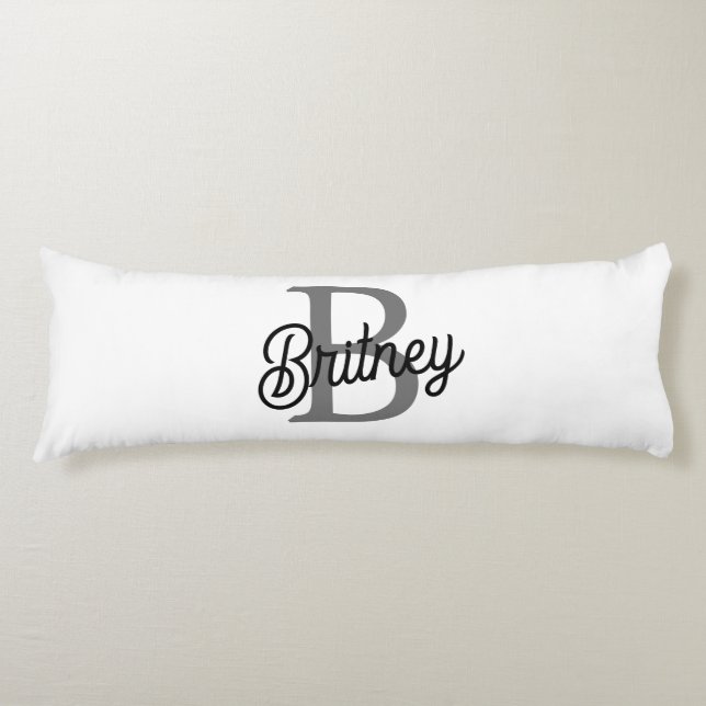 Modern Elegant Monogram Name  Black Grey Script  Body Pillow (Front)