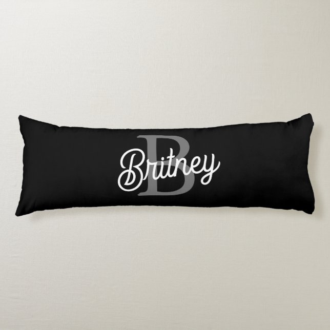 Modern Elegant Monogram Name  Black Grey Script  Body Pillow (Front)