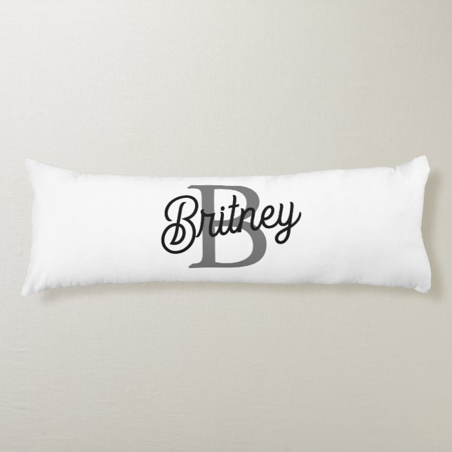 Modern Elegant Monogram Name  Black Grey Script  Body Pillow (Front)