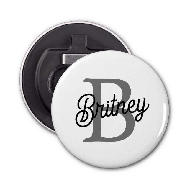 Modern Elegant Monogram Name  Black Grey Script  Bottle Opener (Front)