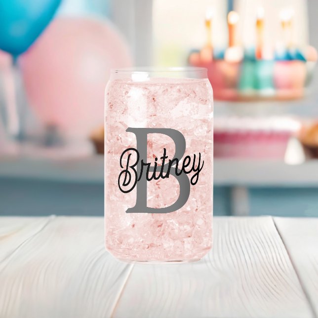 Modern Elegant Monogram Name  Black Grey Script  Can Glass (Insitu (Baby Shower))