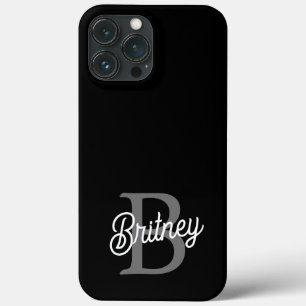 Modern Elegant Monogram Name  Black Grey Script  iPhone 13 Pro Max Case