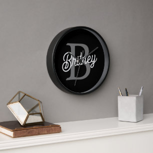 Modern Elegant Monogram Name Black Grey Script Clock