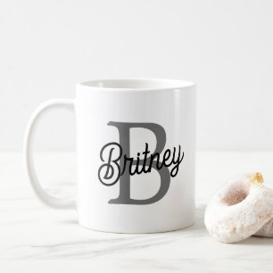 Modern Elegant Monogram Name  Black Grey Script  Coffee Mug