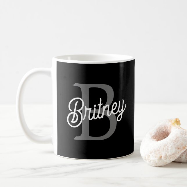 Modern Elegant Monogram Name  Black Grey Script  Coffee Mug (With Donut)