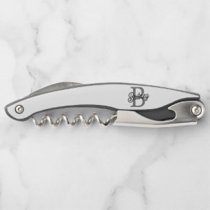 Modern Elegant Monogram Name Black Grey Script Corkscrew