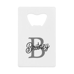 Modern Elegant Monogram Name  Black Grey Script  Credit Card Bottle Opener