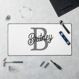 Modern Elegant Monogram Name  Black Grey Script  Desk Mat