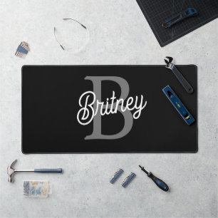 Modern Elegant Monogram Name Black Grey Script Desk Mat