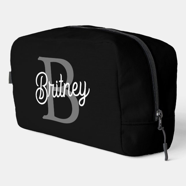 Modern Elegant Monogram Name  Black Grey Script  Dopp Kit (Right Corner)