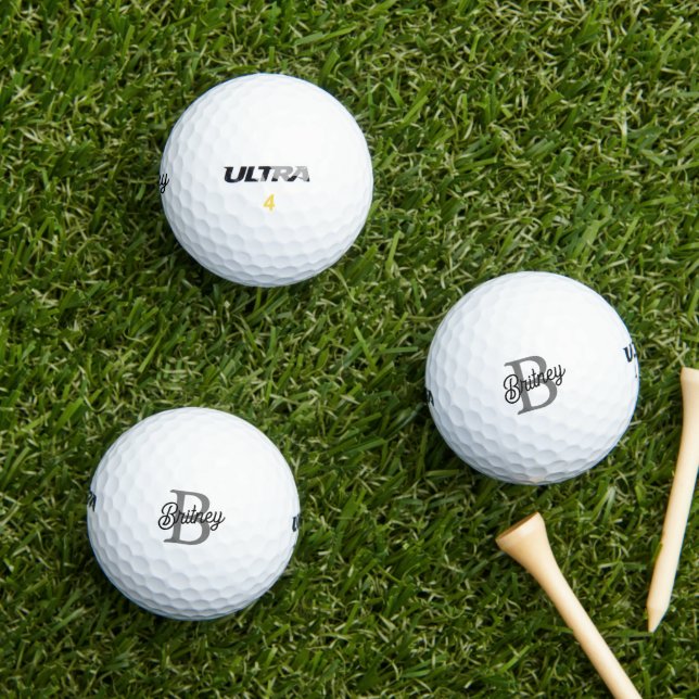 Modern Elegant Monogram Name  Black Grey Script  Golf Balls (Insitu Grass)