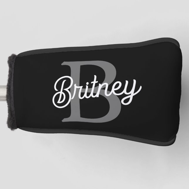 Modern Elegant Monogram Name  Black Grey Script  Golf Head Cover (Front)