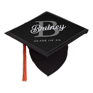 Modern Elegant Monogram Name Black Grey Script Graduation Cap Topper