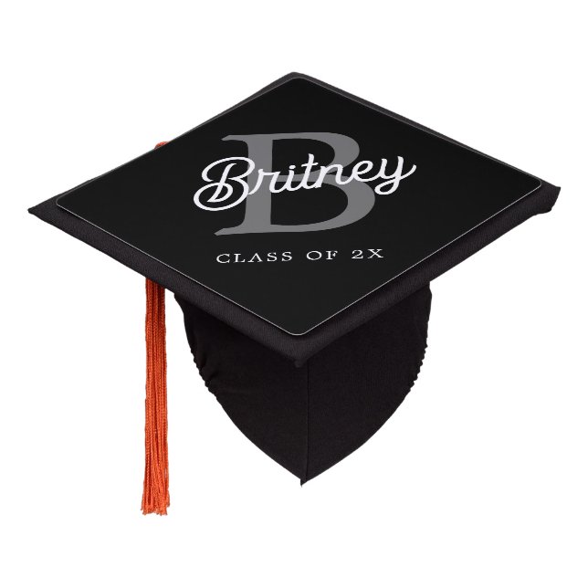 Modern Elegant Monogram Name  Black Grey Script  Graduation Cap Topper (Angled)
