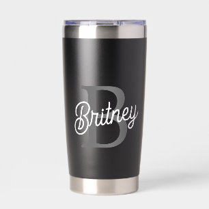 Modern Elegant Monogram Name Black Grey Script Insulated Tumbler