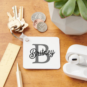 Modern Elegant Monogram Name Black Grey Script Keychain