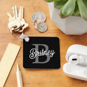 Modern Elegant Monogram Name Black Grey Script Keychain