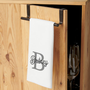 Modern Elegant Monogram Name  Black Grey Script  Kitchen Towel