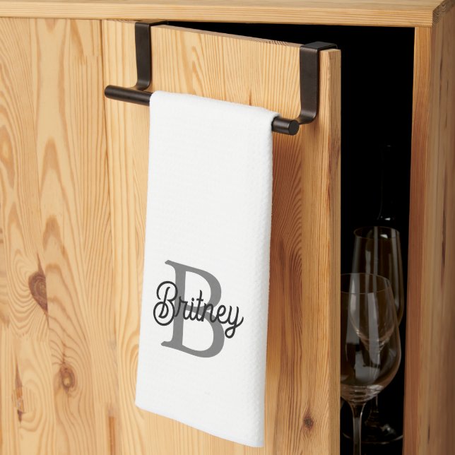 Modern Elegant Monogram Name  Black Grey Script  Kitchen Towel (Thirds Fold)