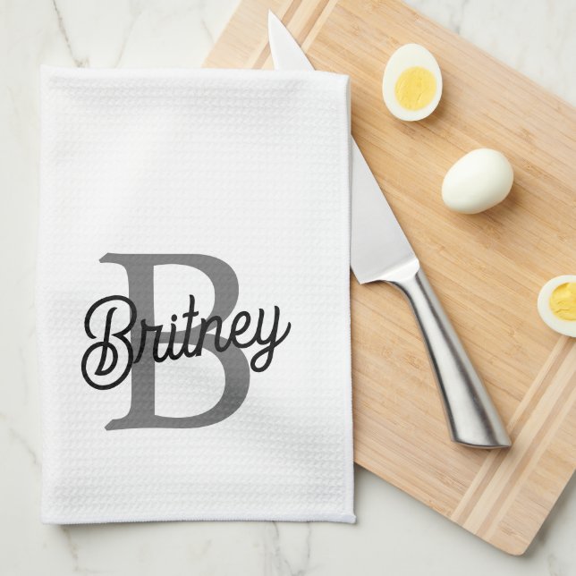 Modern Elegant Monogram Name  Black Grey Script  Kitchen Towel (Quarter Fold)