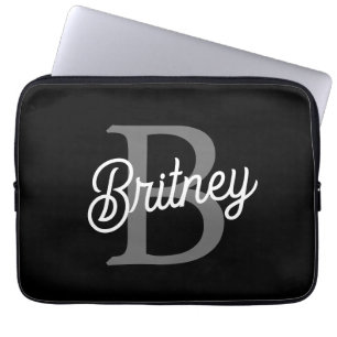 Modern Elegant Monogram Name Black Grey Script Laptop Sleeve