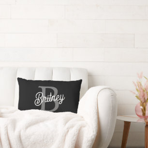Modern Elegant Monogram Name  Black Grey Script  Lumbar Pillow