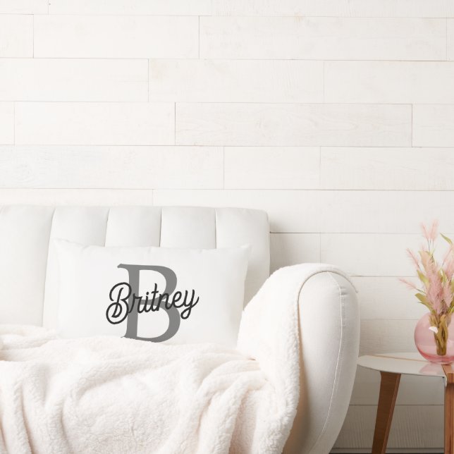 Modern Elegant Monogram Name  Black Grey Script  Lumbar Pillow (Couch)